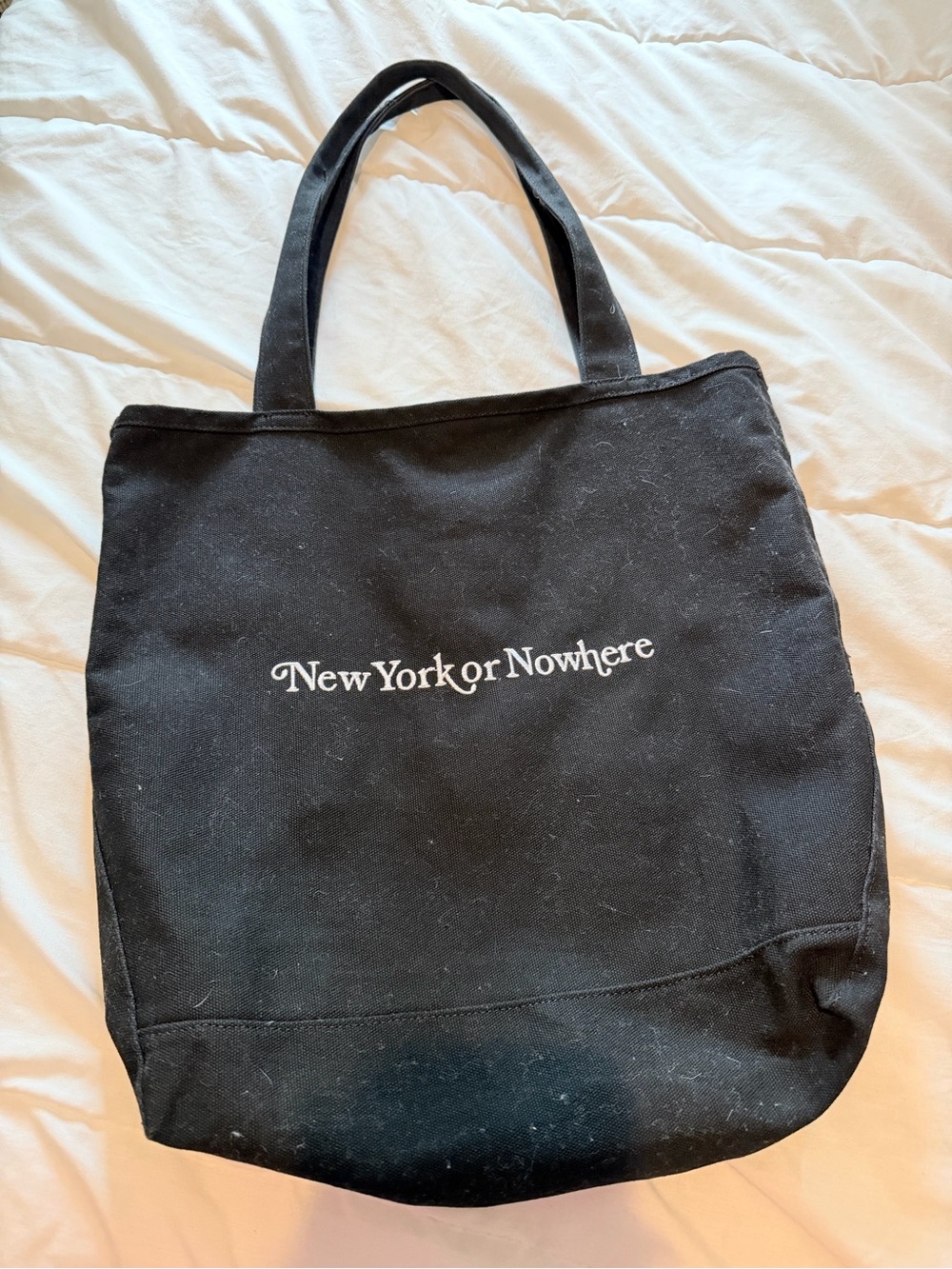 Black Canvas Tote with White 'New York or Nowhere' Script